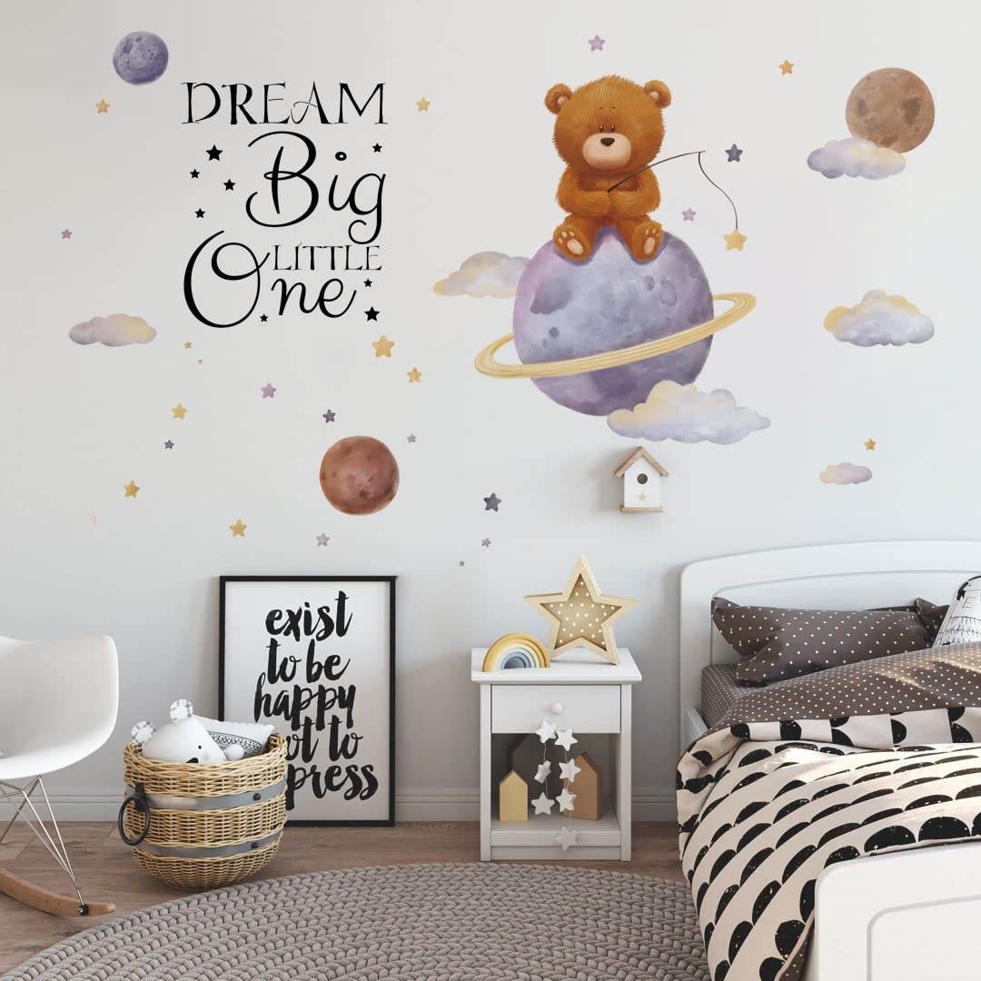 Runtoo Dream Big Little One Wall Art Sticker Inspirational Quotes Bear Space Wall Decals for Nursery Girls Bedroom Kids Home Decor