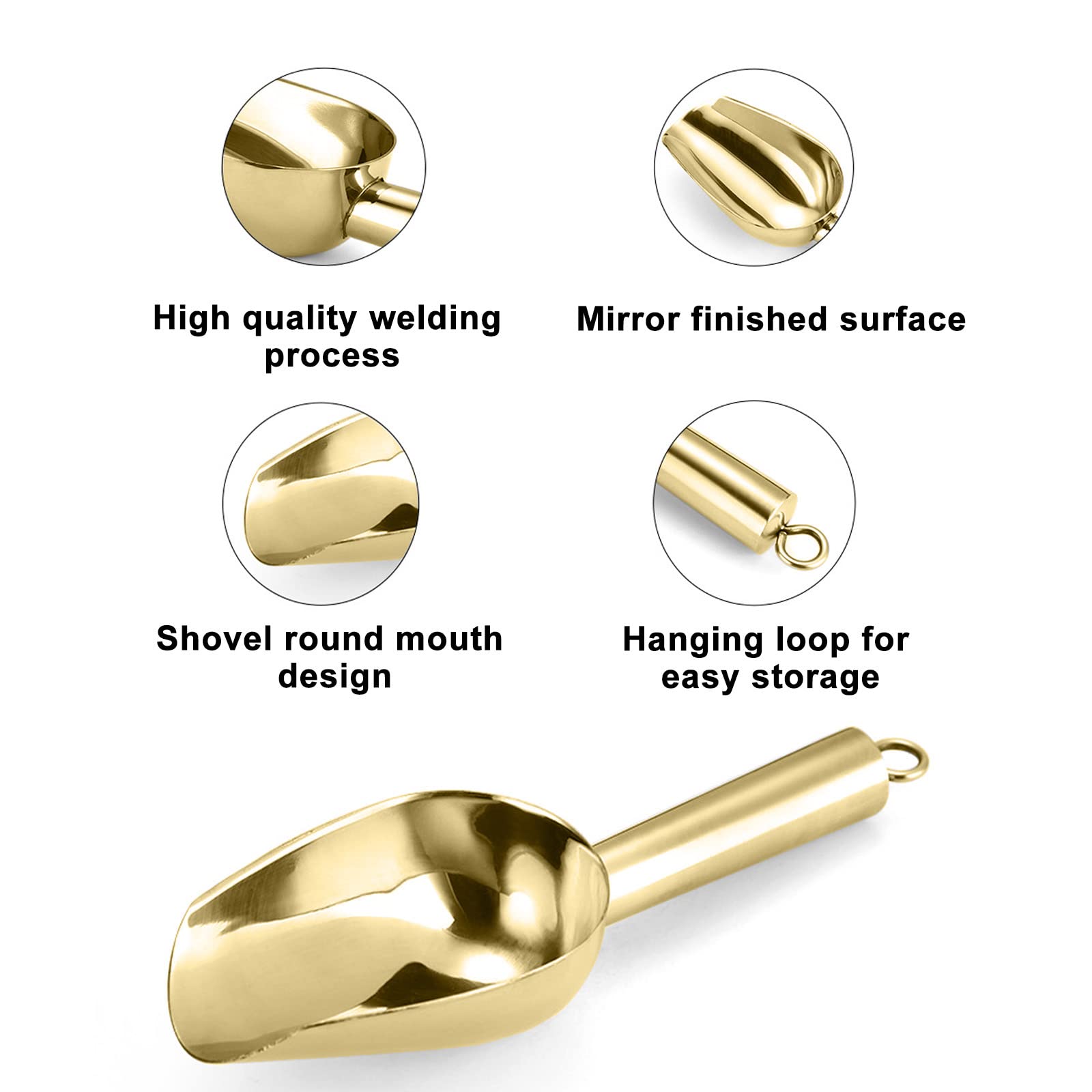 Wafjamf Stainless Steel Ice Scoop, 7 Inch Aluminum Small Food Scoops Round Bottom For Bar Ice Cube Candy Flour Coffee Bean, Gold