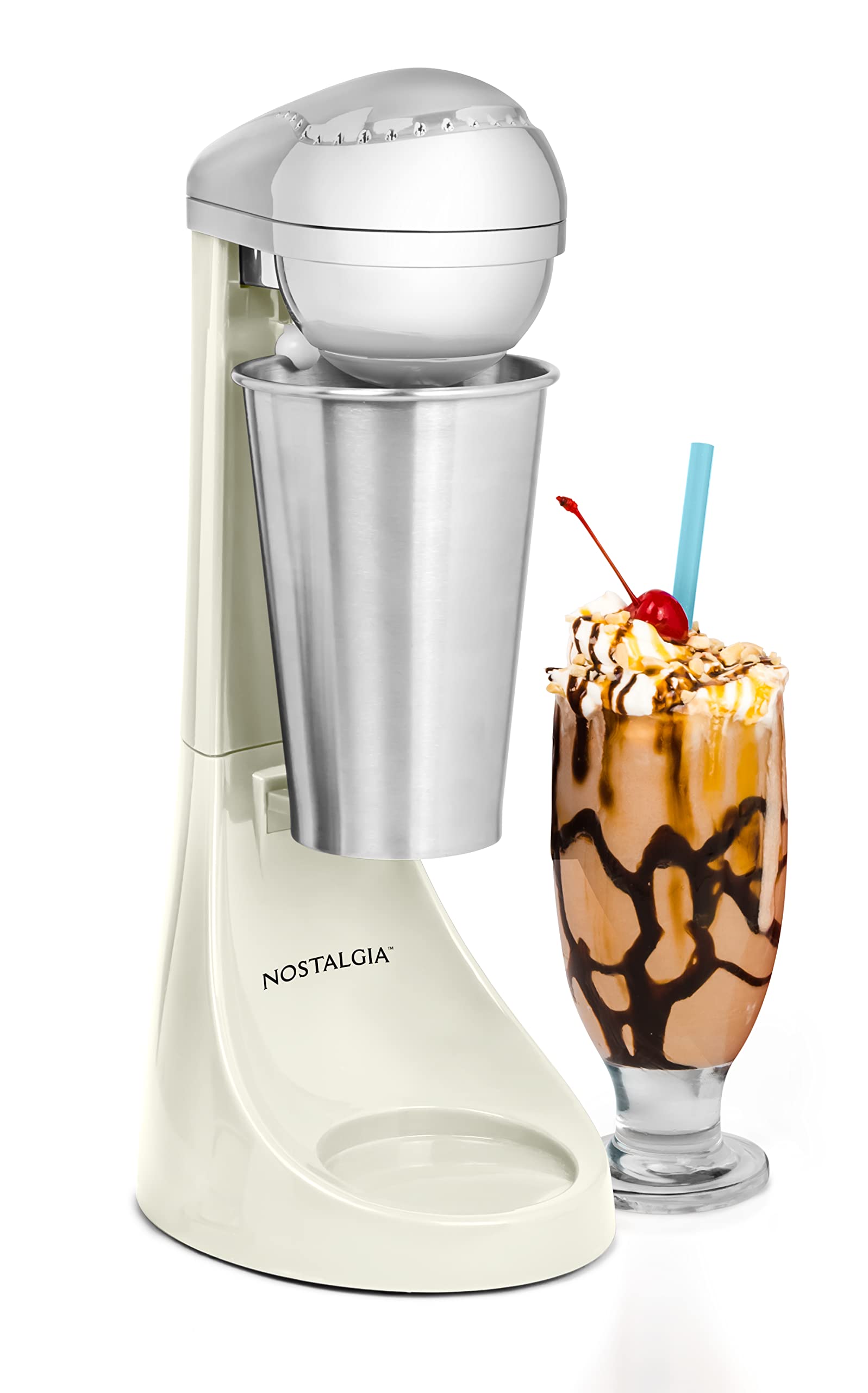 Nostalgia Two-Speed Electric Milkshake Maker And Drink Mixer, Includes 16-Ounce Stainless Steel Mixing Cup And Rod, Cream