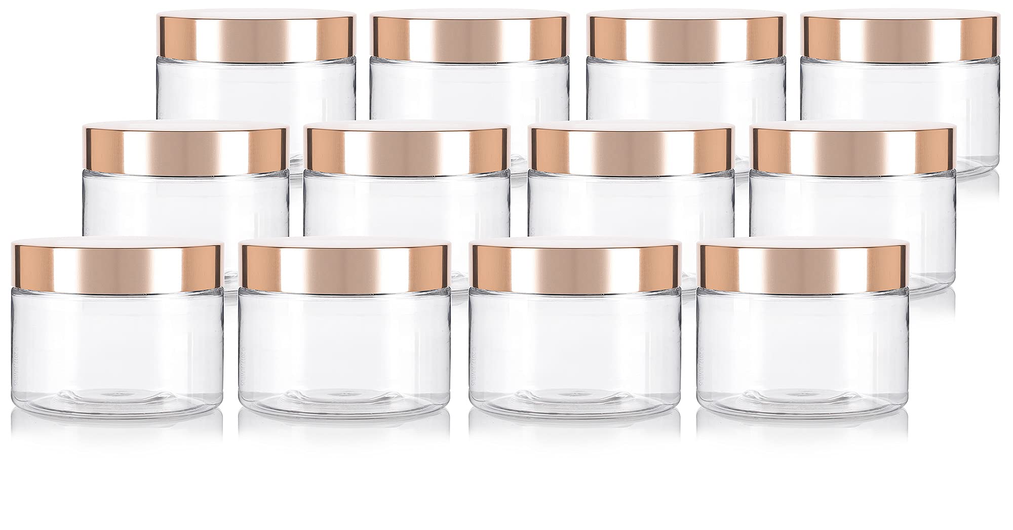 12 Oz Clear Pet Plastic Refillable Low Profile Jar With Gold Metal Overshell Lid (12 Pack)