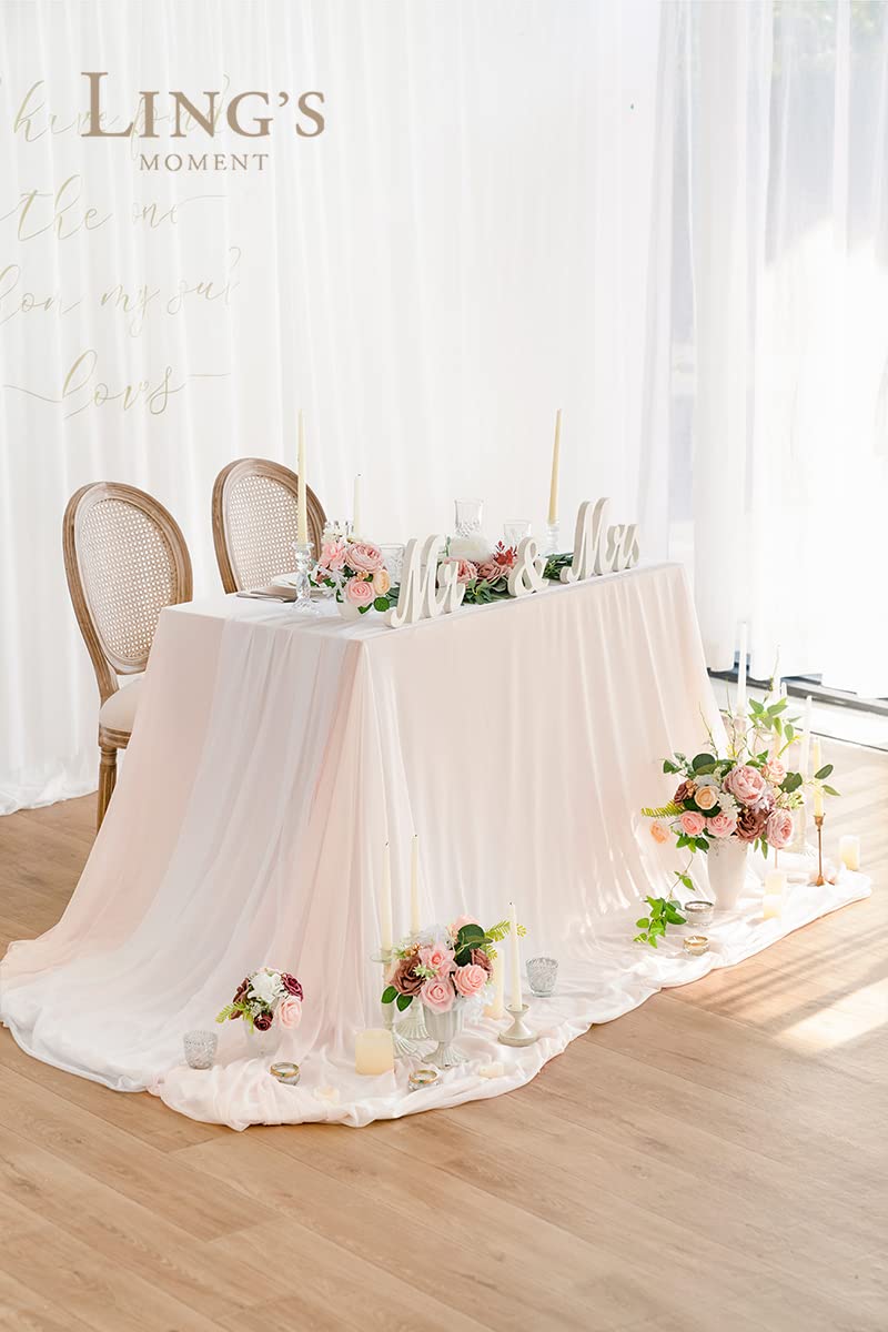 Ling'S Moment Sheer Chiffon Like Blush Tablecloth & Table Runner Set For 3X4Ft Rectangle Table Decor Table Cloth In Blush & Whit
