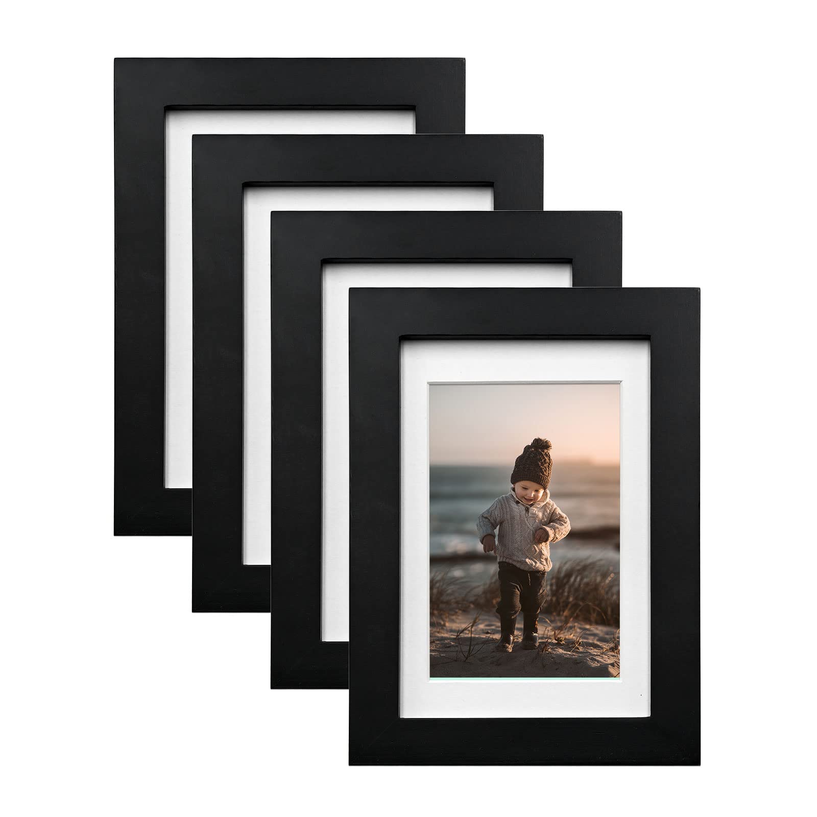 KINLINK 4x6 Picture Frames Black - Wood Frames with Acrylic Plexiglass for 3.5x5 with Mat or 4x6 without Mat, Tabletop and Wall 