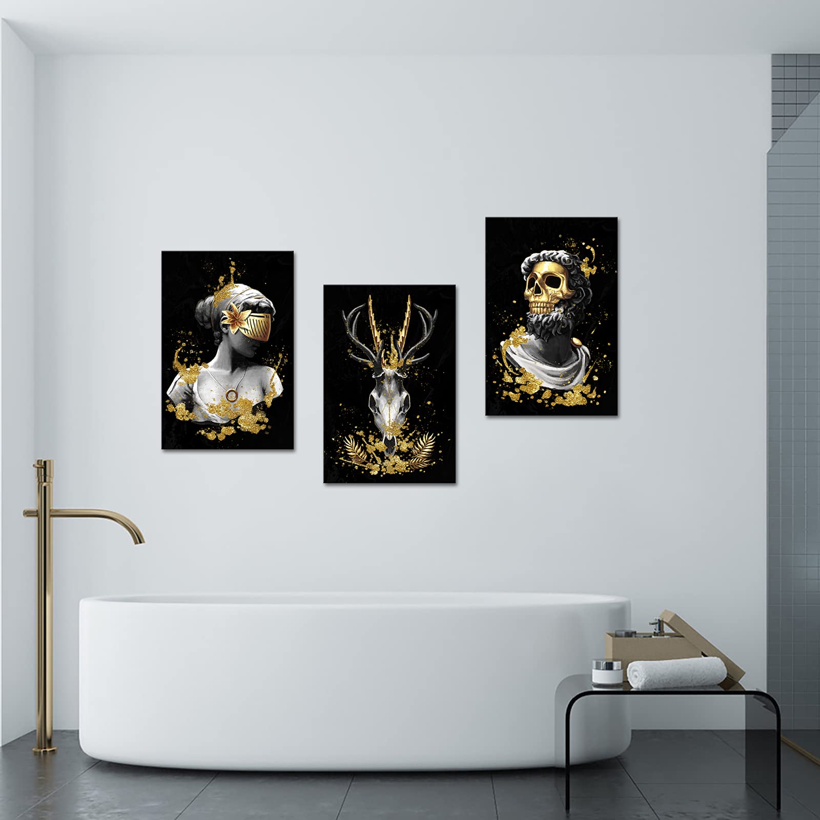 Derkymo 3 Piece Vintage Human Skull Canvas Wall Art Black And White Deer Head Skull Painting Prints Woman Under Gold Mask Pictur