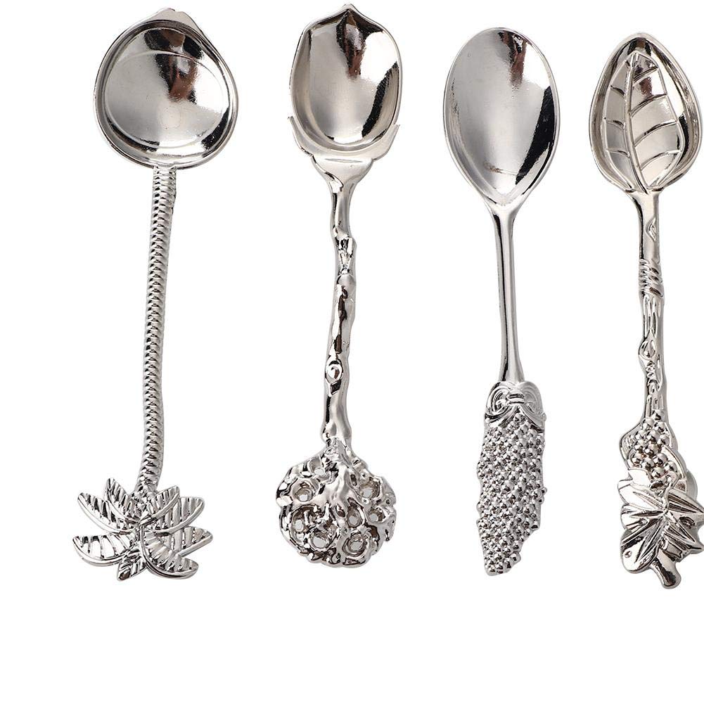 4Pcs Dessert Spoons Mini Spoons Set Coffee Spoon Teaspoon Vintage Royal Carved Fruit Dessert Spoons For Kitchen Dining (Sliver)