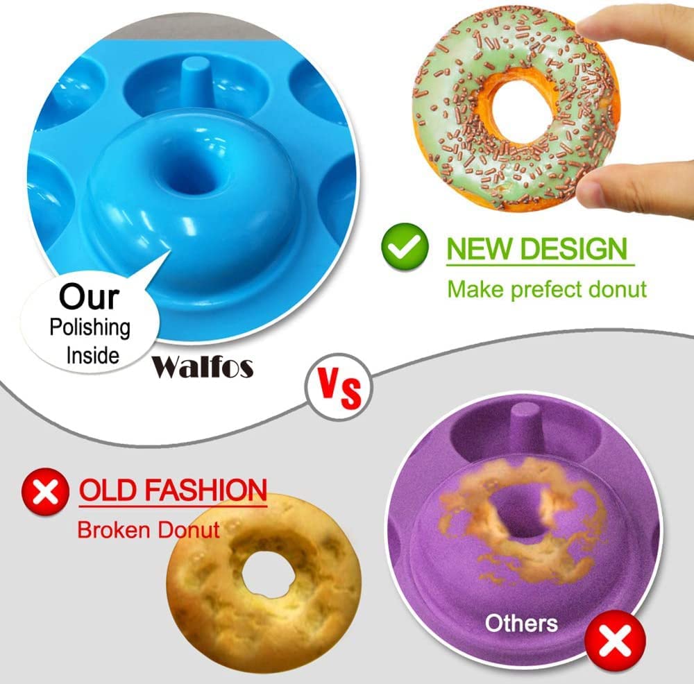 Walfos Full Size Silicone Donut Mold - 4 Inch Big Size Silicone Doughnut Pan Set  Non-Stick  Just Pop Out! Heat Resistant  BPA FREE and Dishwasher Safe  for Donut Cake Biscuit Bagels (3PK)
