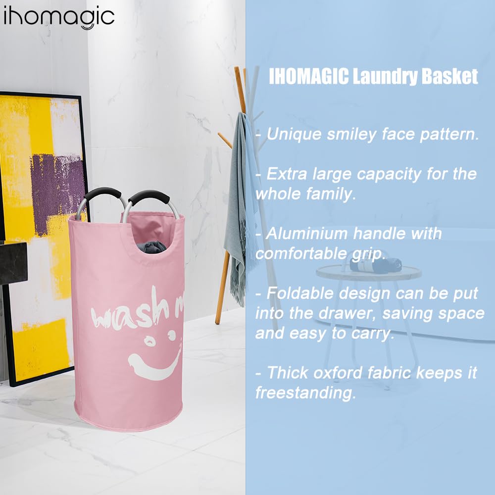 Ihomagic Laundry Hamper With Handles, 95 L, Freestanding Laundry Container, Foldable, Laundry Bag With Smiley Pattern For Dirty