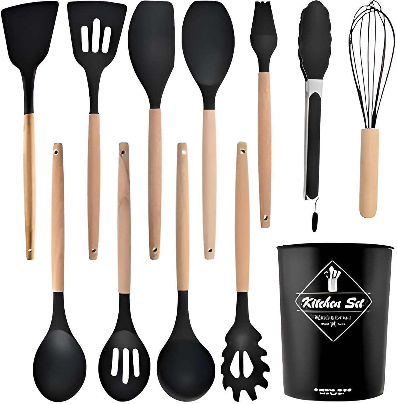 Silicone Wooden Spatula Set With Stand HeatResistant NonStick Kitchen Utensils For Baking, Stirring, Frying | Cooking Tools Wi