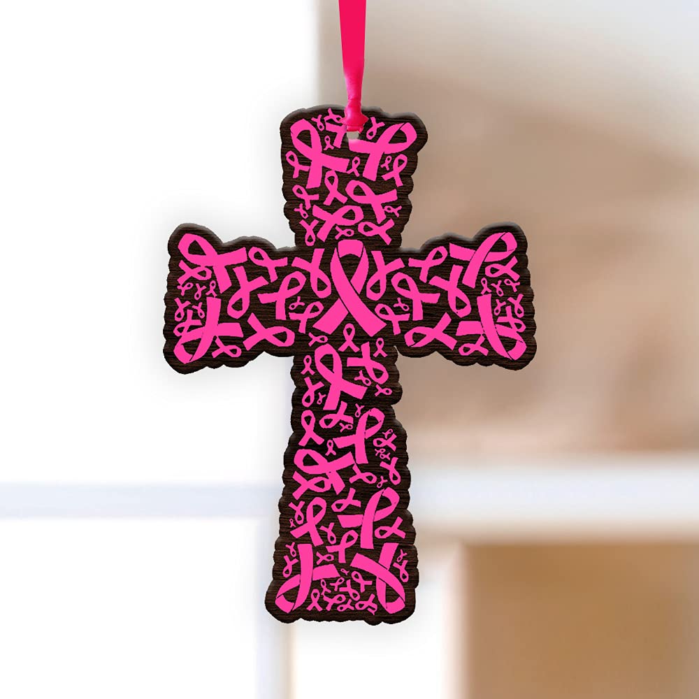 WODORO Breast Cancer Christmas Ornament Tree Decorations 2D Flat, Car Hanging Accessories, Christian Cross Pink Ribbon Breast Ca