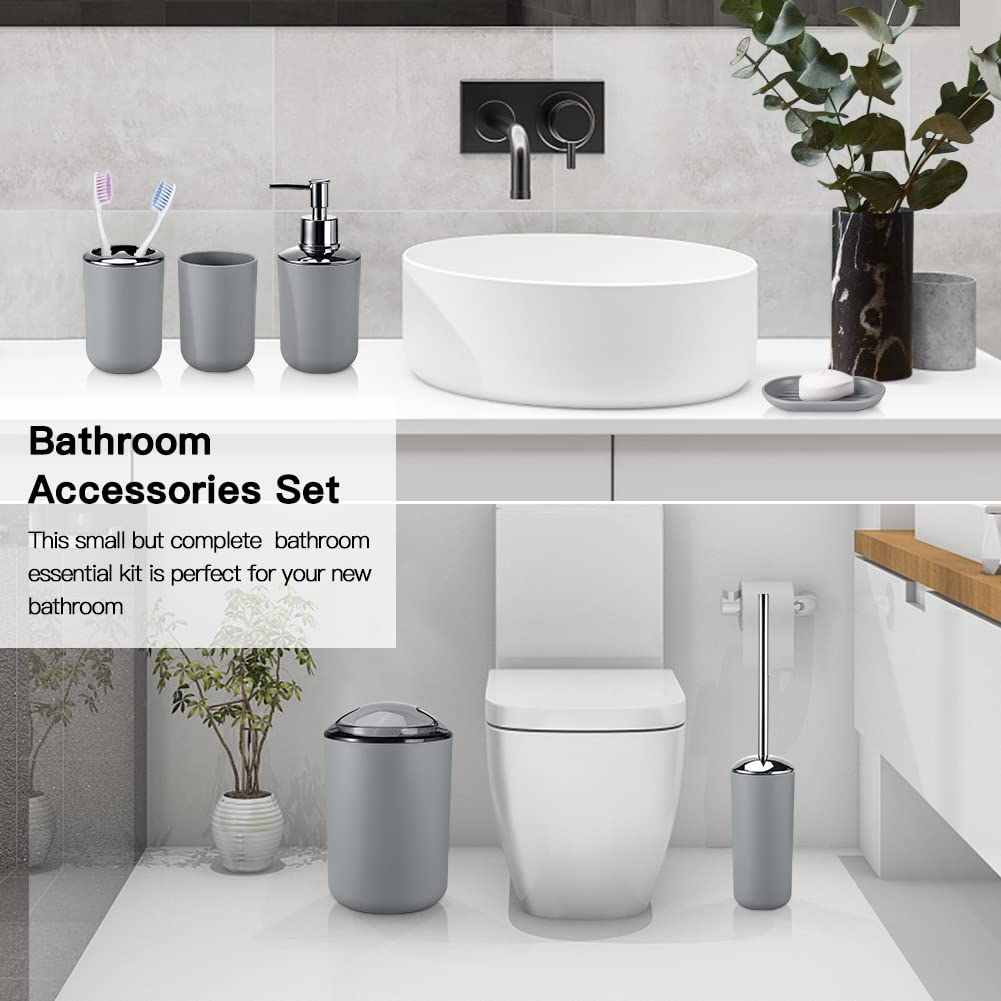 OTOSTAR Plastic Bathroom Accessories Set 6 Pieces Gift Set Decorative Countertop Bathroom Accessory Set Includes Toothbrush Holder Soap Dispenser Tumbler Soap Dish Toilet Brush Holder Trash Can (Grey)