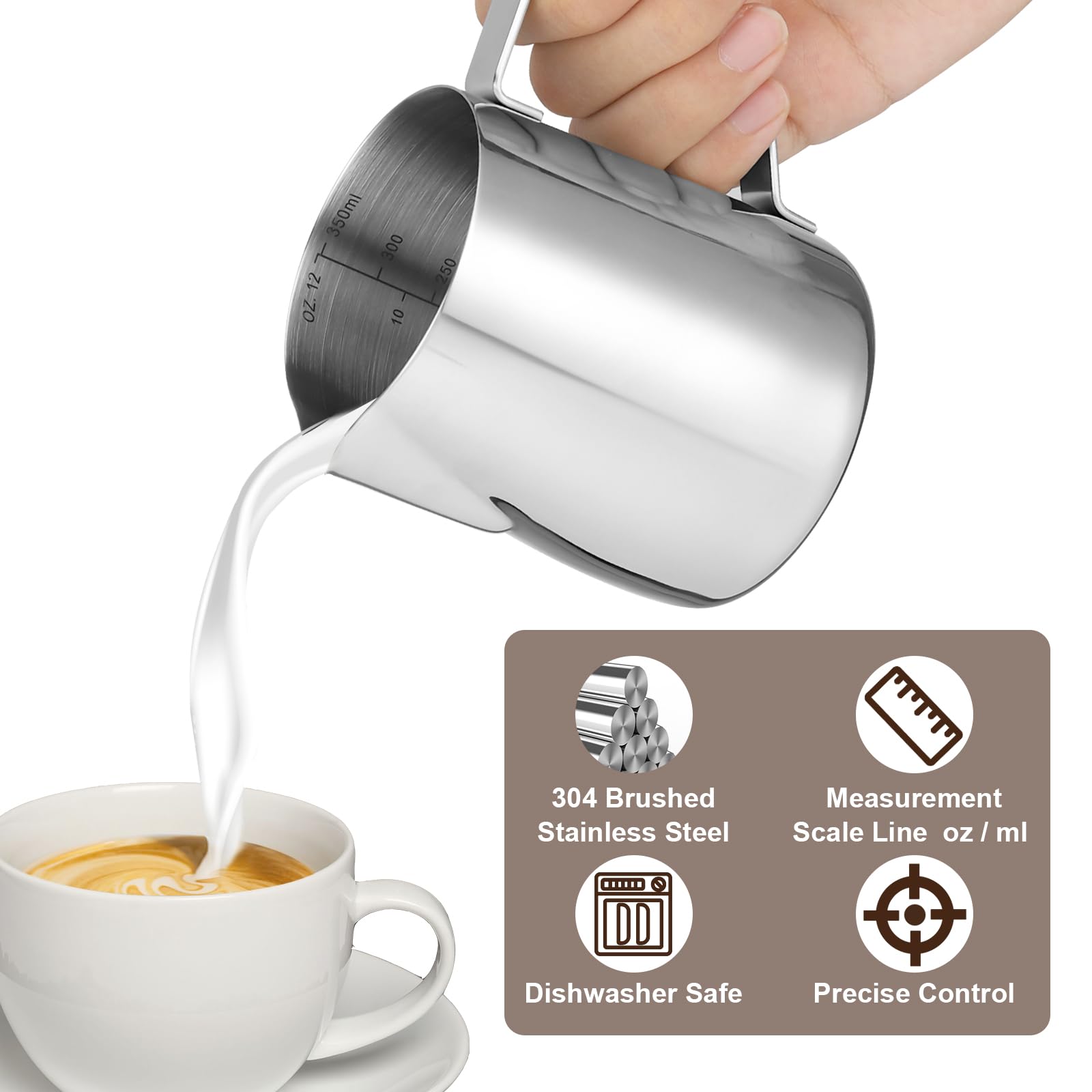 LifHap Milk Frothing Pitcher, 12oz Stainless Steel Capuccino Jug, Silver Barista Tool
