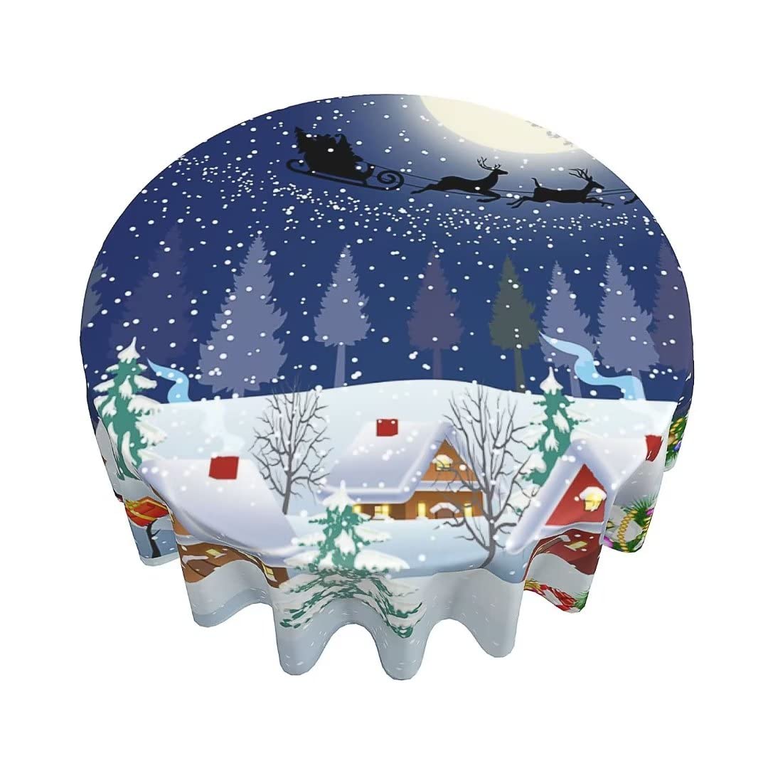BETGINY Christmas Tablecloth - 60 Inch Round Blue Winter Snowman Xmas Tree Santa Stars Snow Table Cloth Dust-Proof Wrinkle Resis