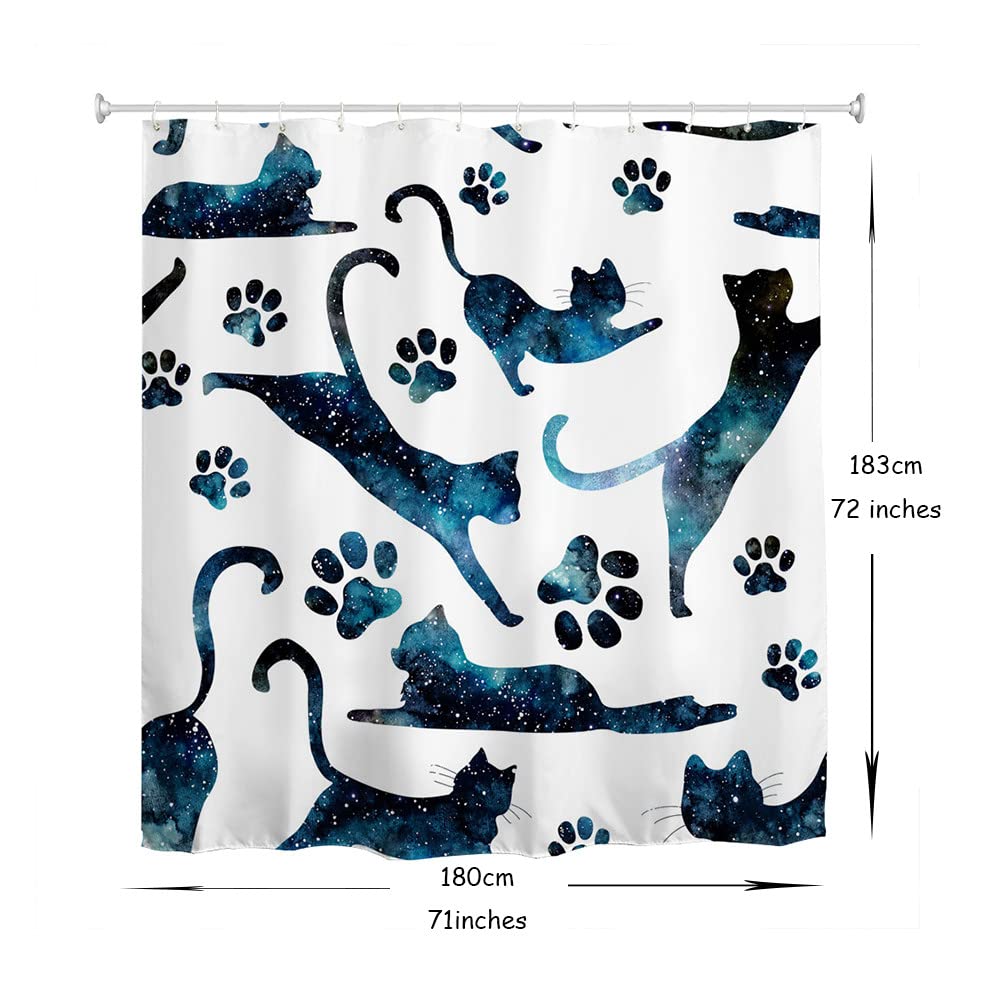 Icosamro Cats Shower Curtain For Bathroom With 12 Hooks Starry Night Cloth Bath Decor Long Fabric Waterproof, 71X72 Inches, Spac