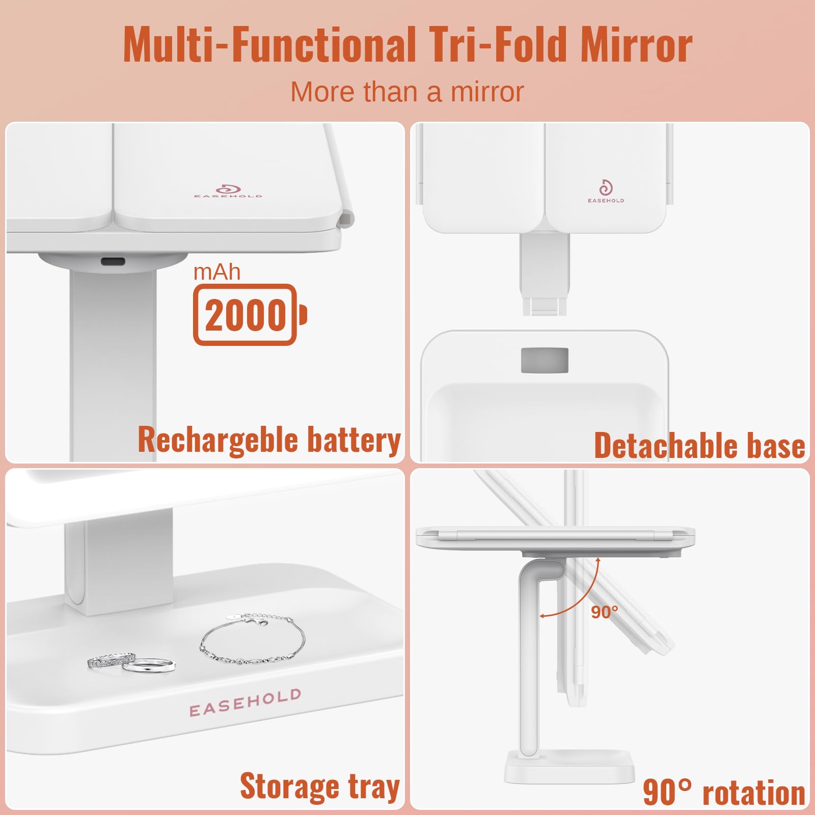 EASEHOLD Lighted Makeup Mirror - 3X Magnification, 3 Color Lights, Rechargeable Trifold Vanity Mirror, 14"L x 11.4"W, A-white, Model