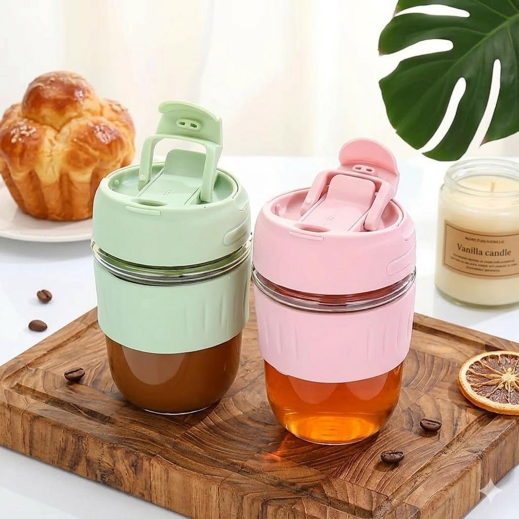 KUOPIO Glass Travel Coffee and Juice Mug with Straw, Clear Sipper Glass Cup, Leather Grip Sleeve, SpillResistant Lid for Iced C