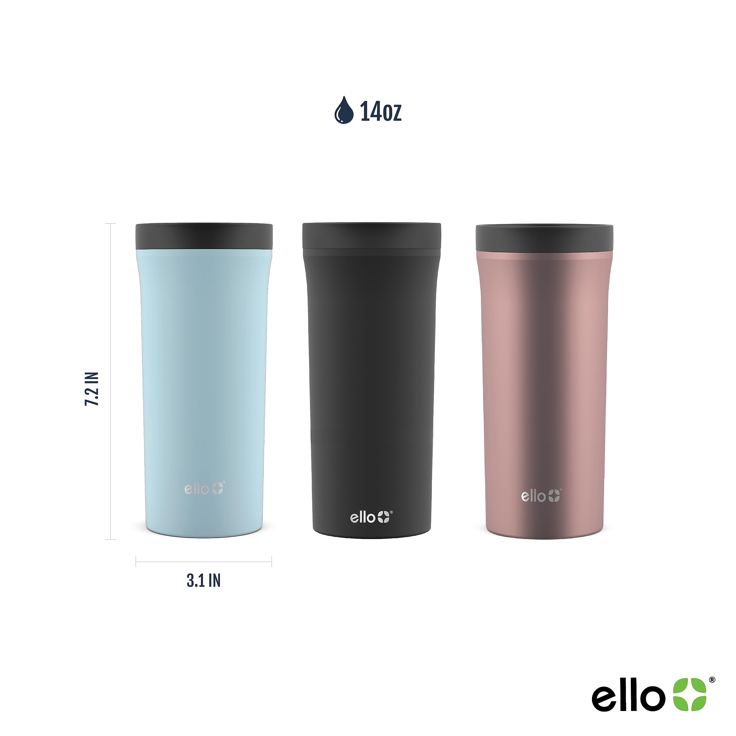Ello 14oz Vacuum Insulated Travel Mug - Stainless Steel, Leak-Proof Slider Lid, Black, BPA-Free, Model 465-0999-400-6