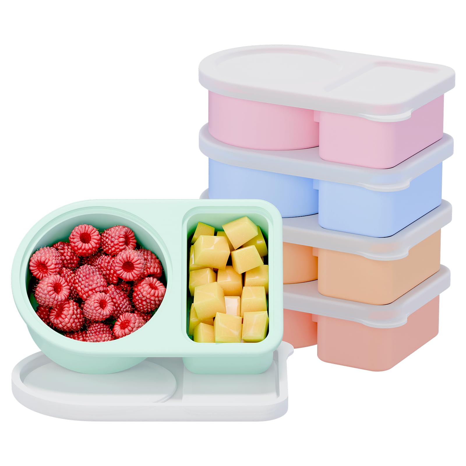 5 Pack Silicone Snack Containers, 2 Compartments Reusable Snackle Box with Lids, 8 oz, Rainbow