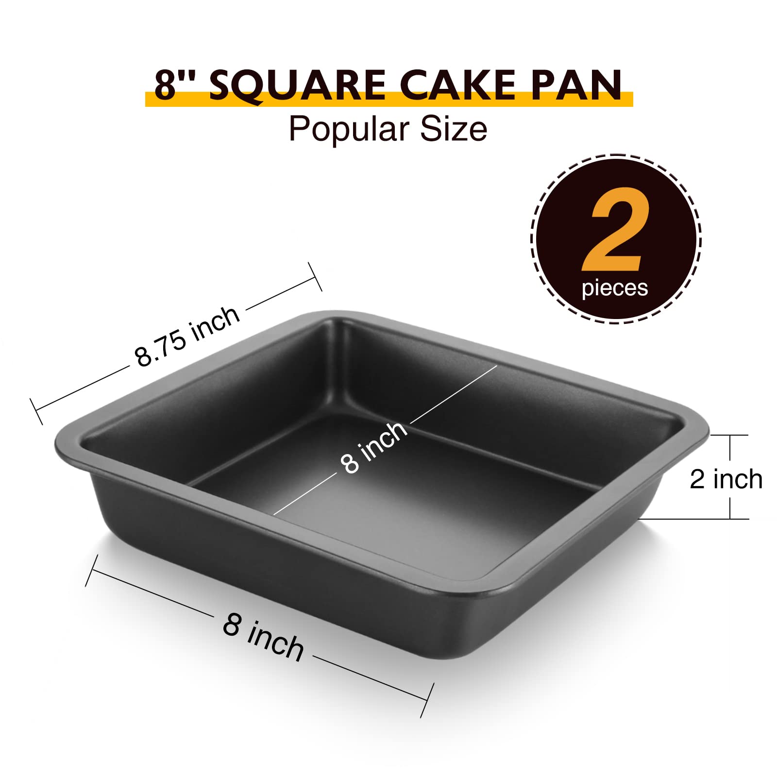 Hongbake 8X8 Cake Baking Pan Set, Nonstick Square Brownie Pans With Wider Grips, 2 Pieces, Heavy Duty, Grey