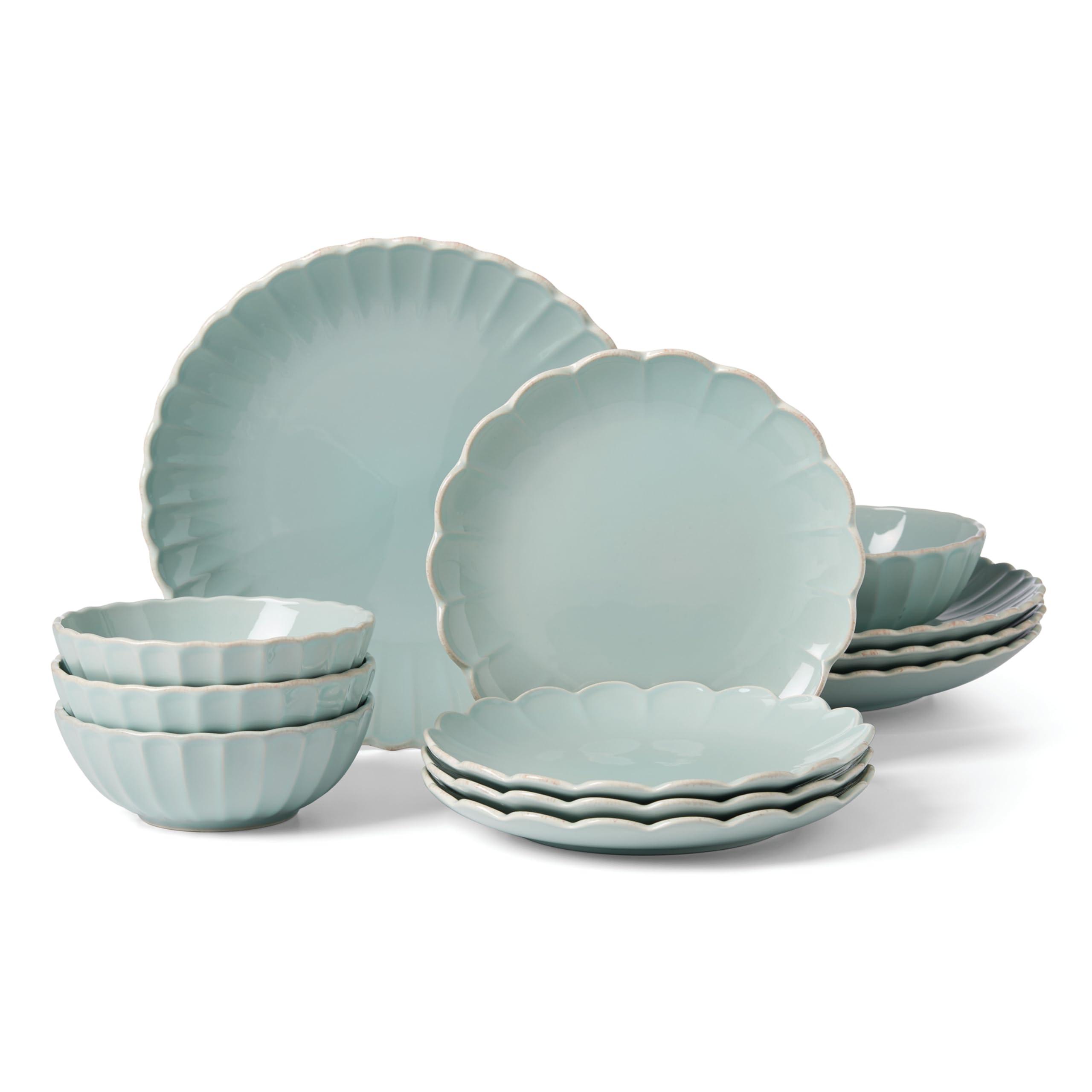 Lenox Dinnerware Set, French Perle Scallop Ice Blue 12-Piece Set, Service For 4, Stoneware, Dishwasher Safe, Microwave Safe, Pla