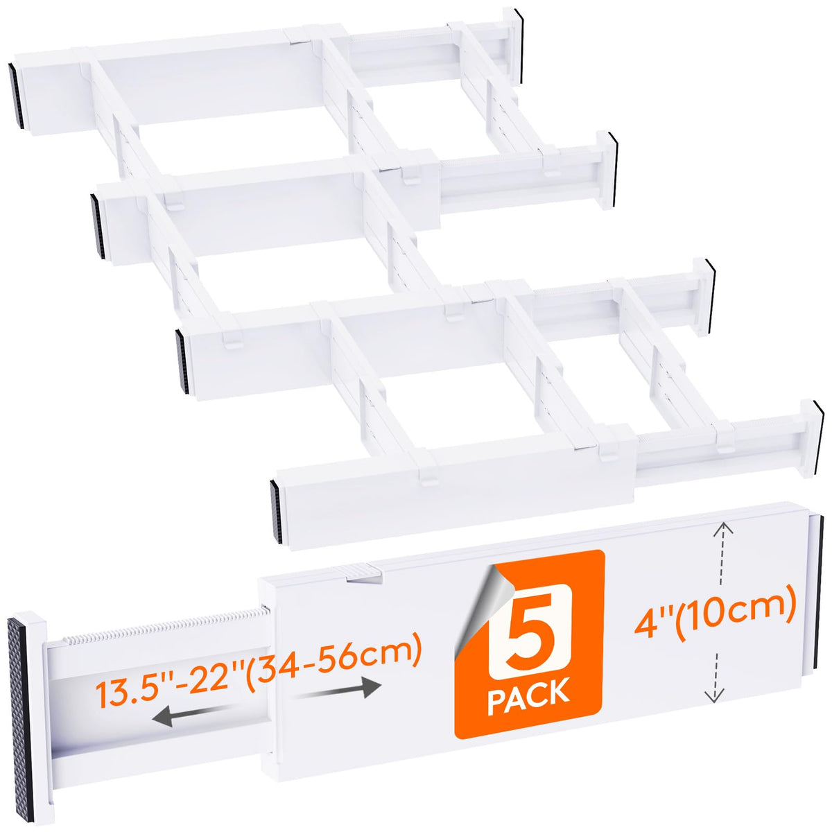 Lifewit 5 Pack Drawer Dividers 4'' High, 13.5''-22'' Adjustable Drawer Organizer with 10 Inserts for Clothes/Makeup, Plastic Exp