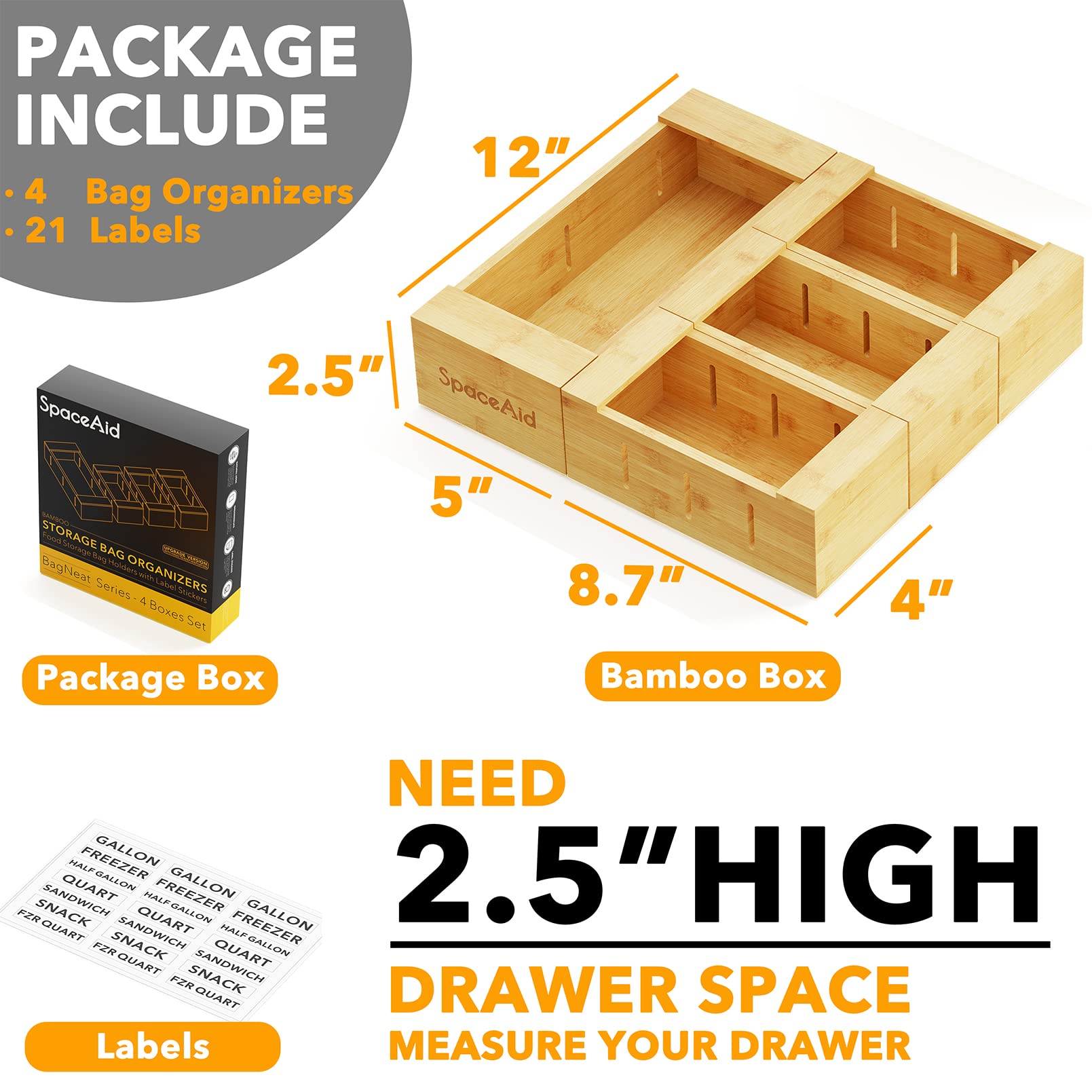 Spaceaid Bag Storage Organizer For Kitchen Drawer, Bamboo Organizer, Compatible With Gallon, Quart, Sandwich And Snack Variety S