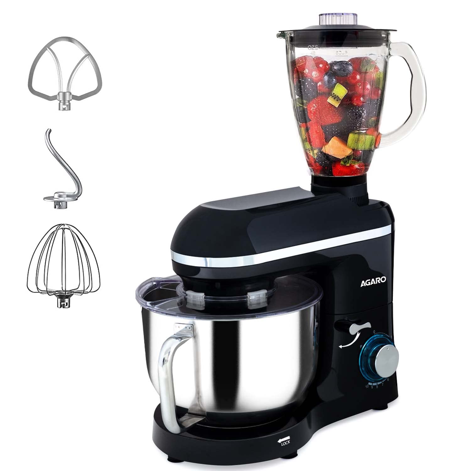 Agaro Imperial Stand Mixer,1400W With 6L Ss Bowl, 1.5L Blending Jar,10 Speed With Pulse Function, 100% Copper Motor, Includes Bl