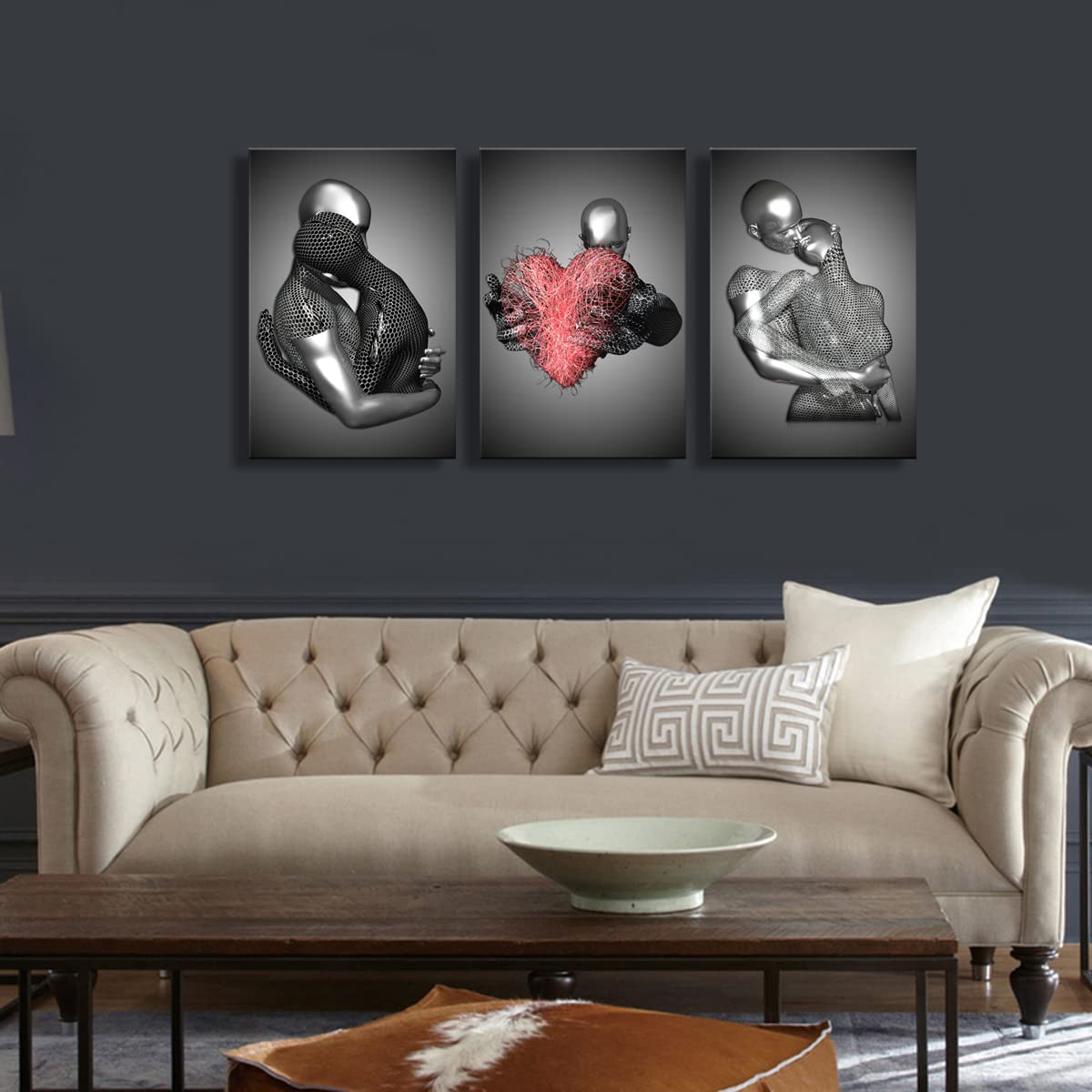 Framed 3 Pcs Love Heart 3D Wall Art Metal Sculpture Romantic Couple Hug Abstract Art Prints Posters Decor Grey Black And White C