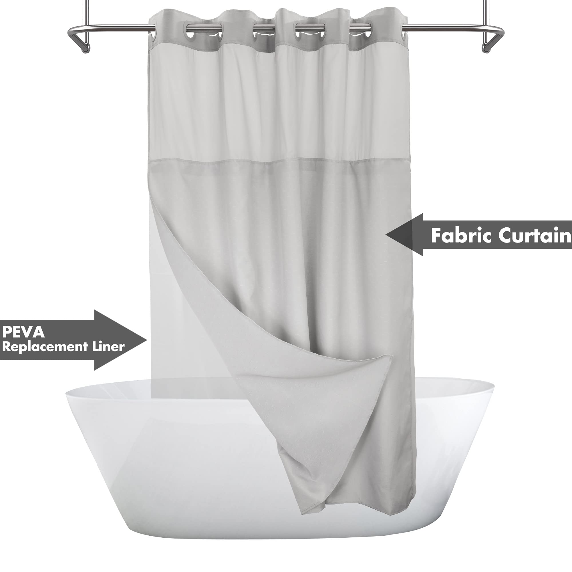 Extra Long No Hook Slub Textured Shower Curtain with Snap-in PEVA Liner Set - 71'' x 86''(84'')  Hotel Style with See Through Top Window  Grey Fabric Curtain & Waterproof Liner  Gray  71x86