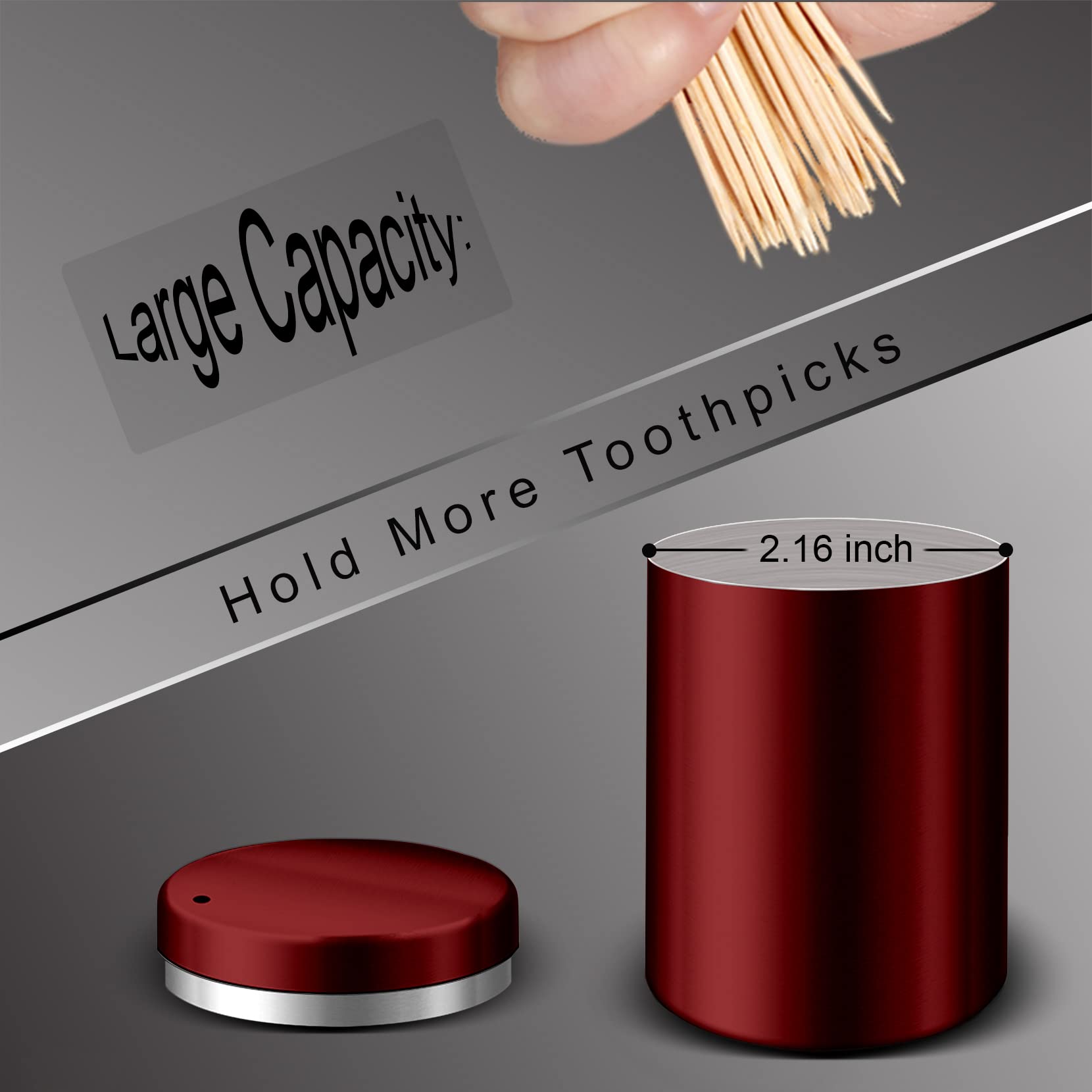 Toothpick Holder  Stainless Steel Metal Wine Red Toothpick Dispenser  Tooth Picks Lot Container Storage Novelty Box with 500 Pieces Round Bamboo Toothpicks Wood for Teeth and Home Kitchen Gifts