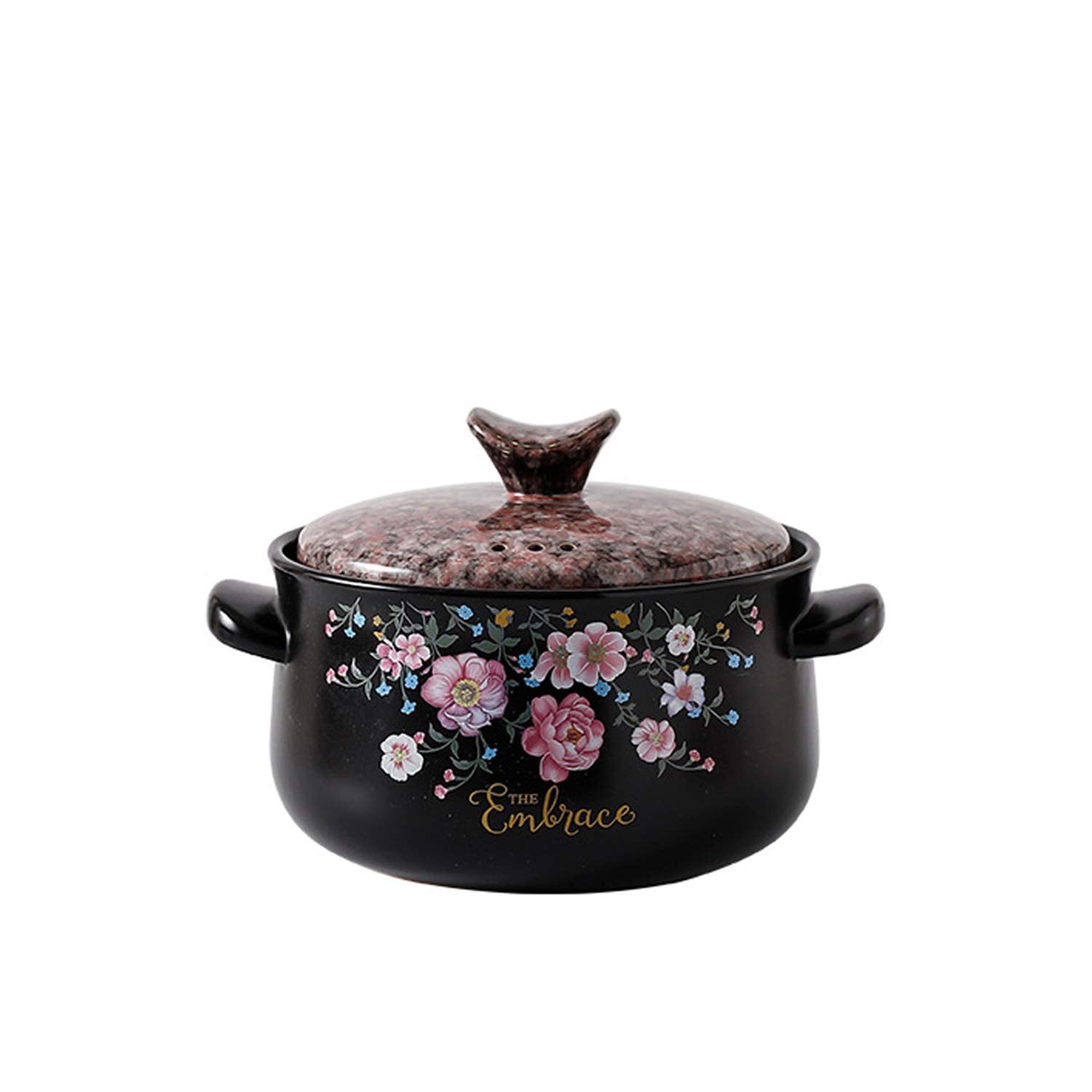 Ceramic Stockpot 3L, Stovetop Ceramic Cookware, Flower Pattern Round Black Dish Casserole/Clay Pot/Earthen Pot/Porcelain Cookwar