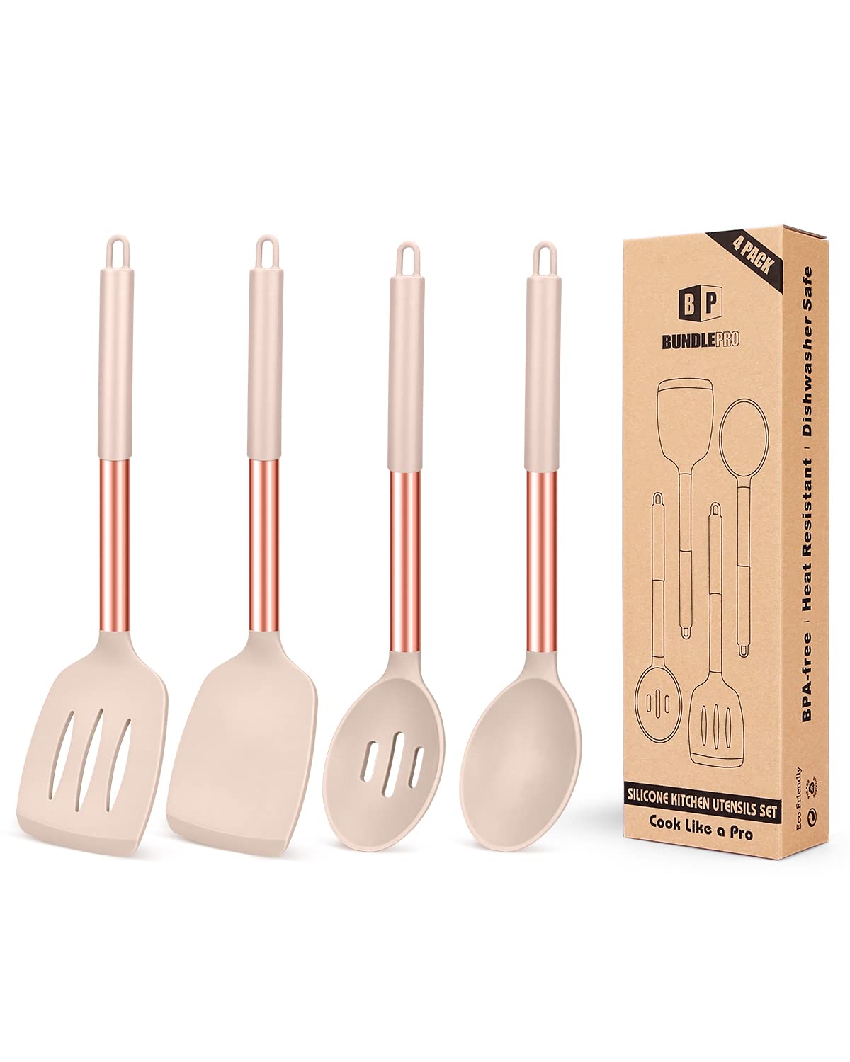 Pack Of 4 Silicone Cooking Utensils Set, Non Stick Large Solid Spatulas, Heat Resistant Rose Gold Khaki Slotted Spoons, Ideal Bp