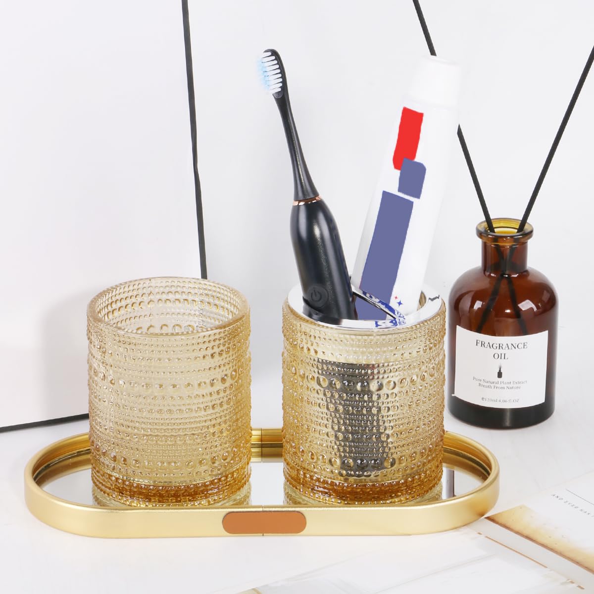 Tonxus Amber Toothbrush Holders for Bathrooms, Glass Toothbrush Holder with 2 Slot Divider, 10oz Bathroom Tumbler and Mouthwash