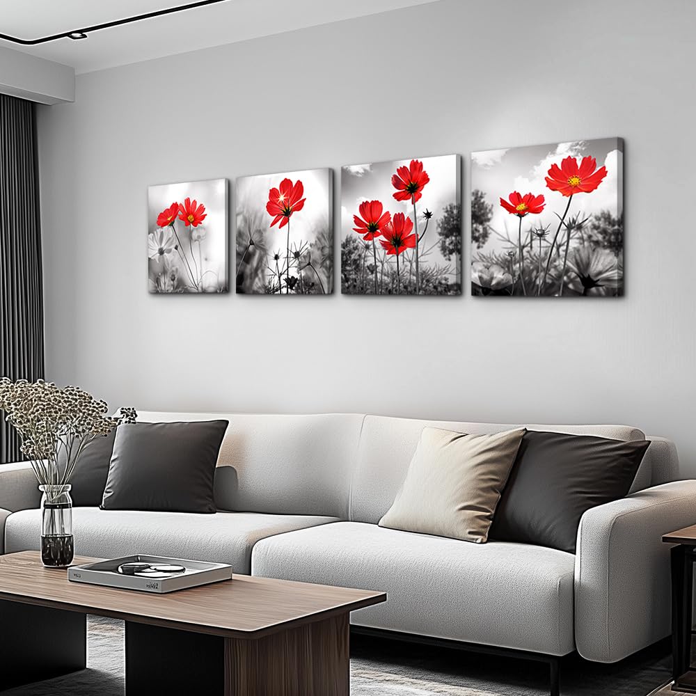hyidecorart 4pcs Modern Salon Theme Black and White Plant The red flower Flower Abstract Painting Still Life Canvas Wall Art for Home Decor Flower Canvas Print Wall Art Painting For Living Room Decor