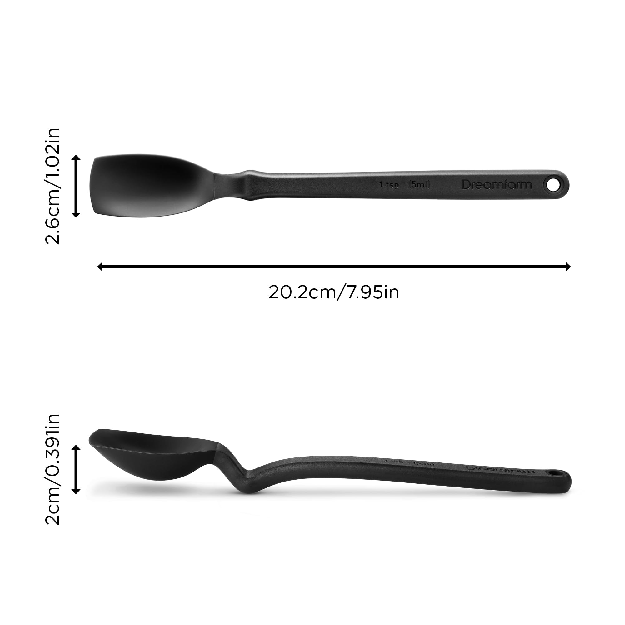 Dreamfarm Mini Supoon  Non-Stick Silicone Sit Up Scraping  Cooking Spoon With Measuring Lines  Black