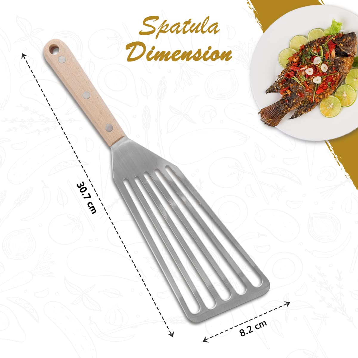 Osprey Wooden Handle Fish Spatula With Stainless Steel Slotted Turner, Wide Thin And Lightweight Fish Turner For Flipping And Tu