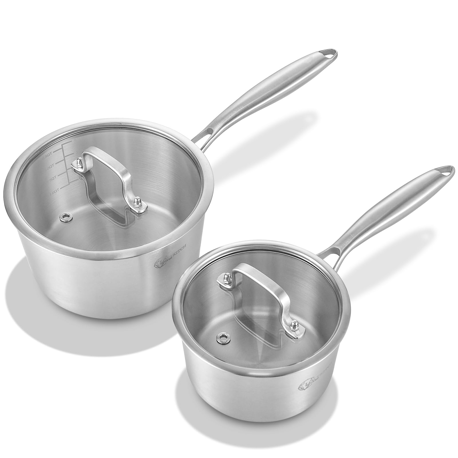 LOLYKITCH Whole Body Tri-Ply Stainless Steel Saucepan Set of 2,1QT & 3QT,Induction Pots,Saucepans with Lids,Oven and Dishwasher 
