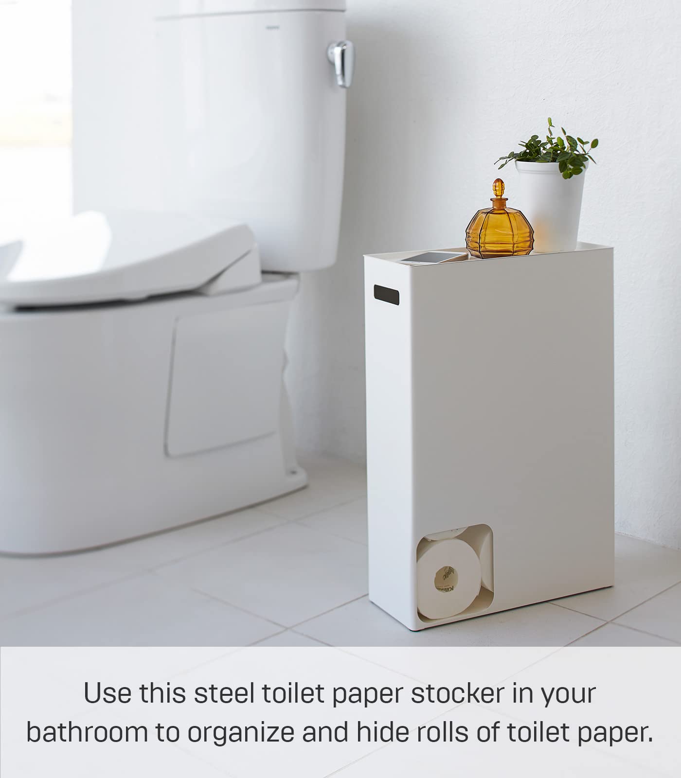 Yamazaki Home Toilet Paper Stocker - Bathroom Storage Organizer Dispenser Not For Jumbo Rolls Steel One Size White