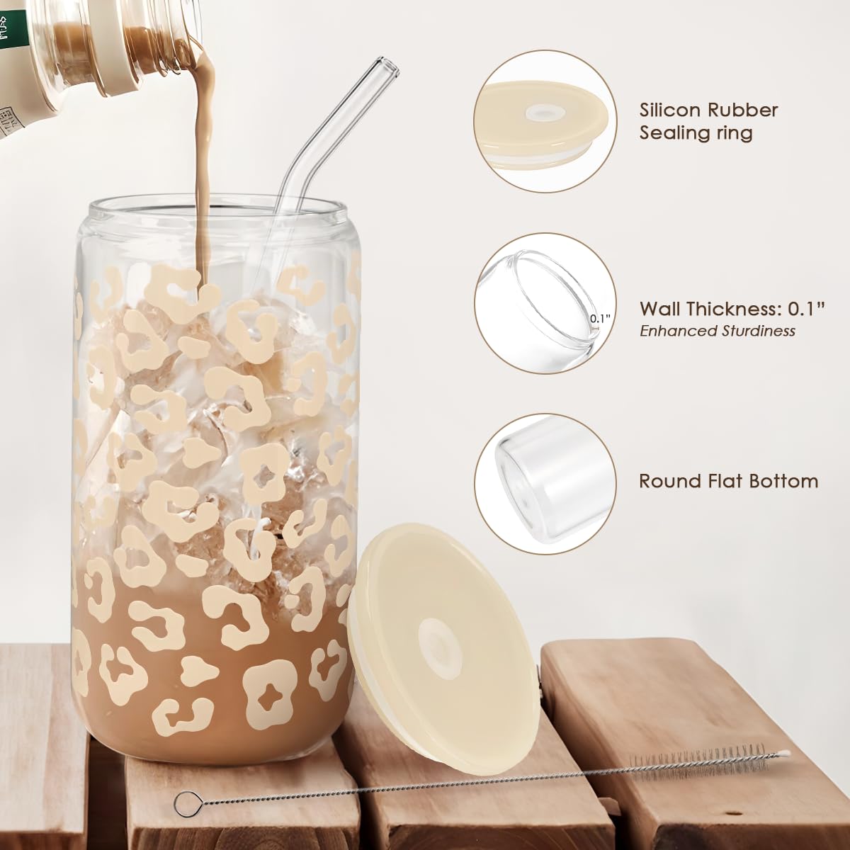 SANDJEST Leopard Glass Can, Beige Leopard Print Cup with Lid & Straw, Iced Coffee Aesthetic Cups, Gift for Christmas Birthday Mo