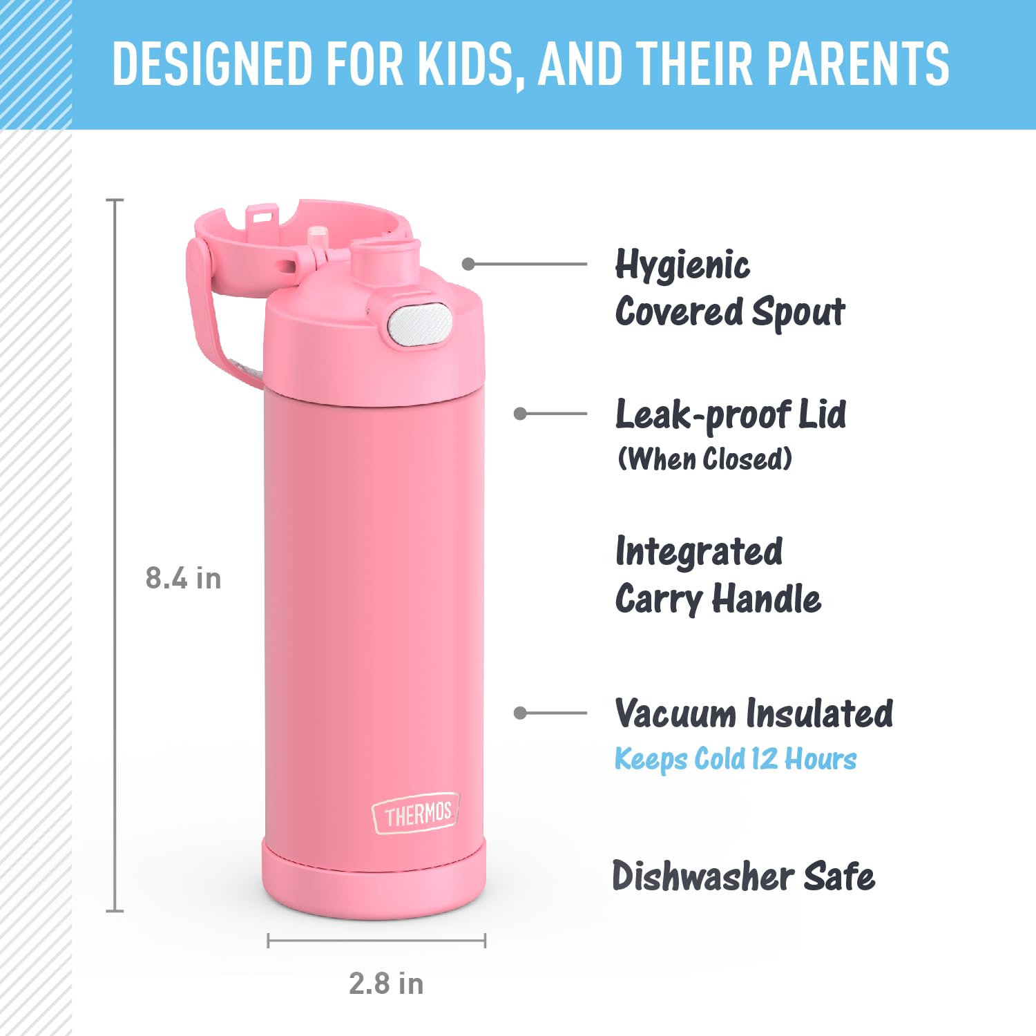 Thermos Funtainer 16 Ounce Stainless Steel Vacuum Insulated Bottle With Wide Spout Lid, Pink