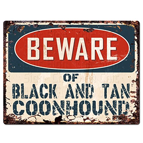 Beware of Black and TAN Coonhound Chic Sign Vintage Look Retro Rustic 9x 12 Metal Plate Store Home Decor Gift