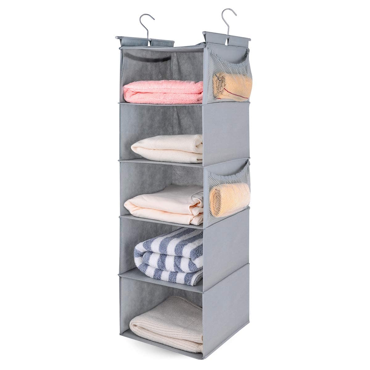 Max Houser 5 Shelf Hanging Closet Organizer,Space Saver, Closet Hanging Shelves With (4) Side Pockets,Foldable,Light Grey