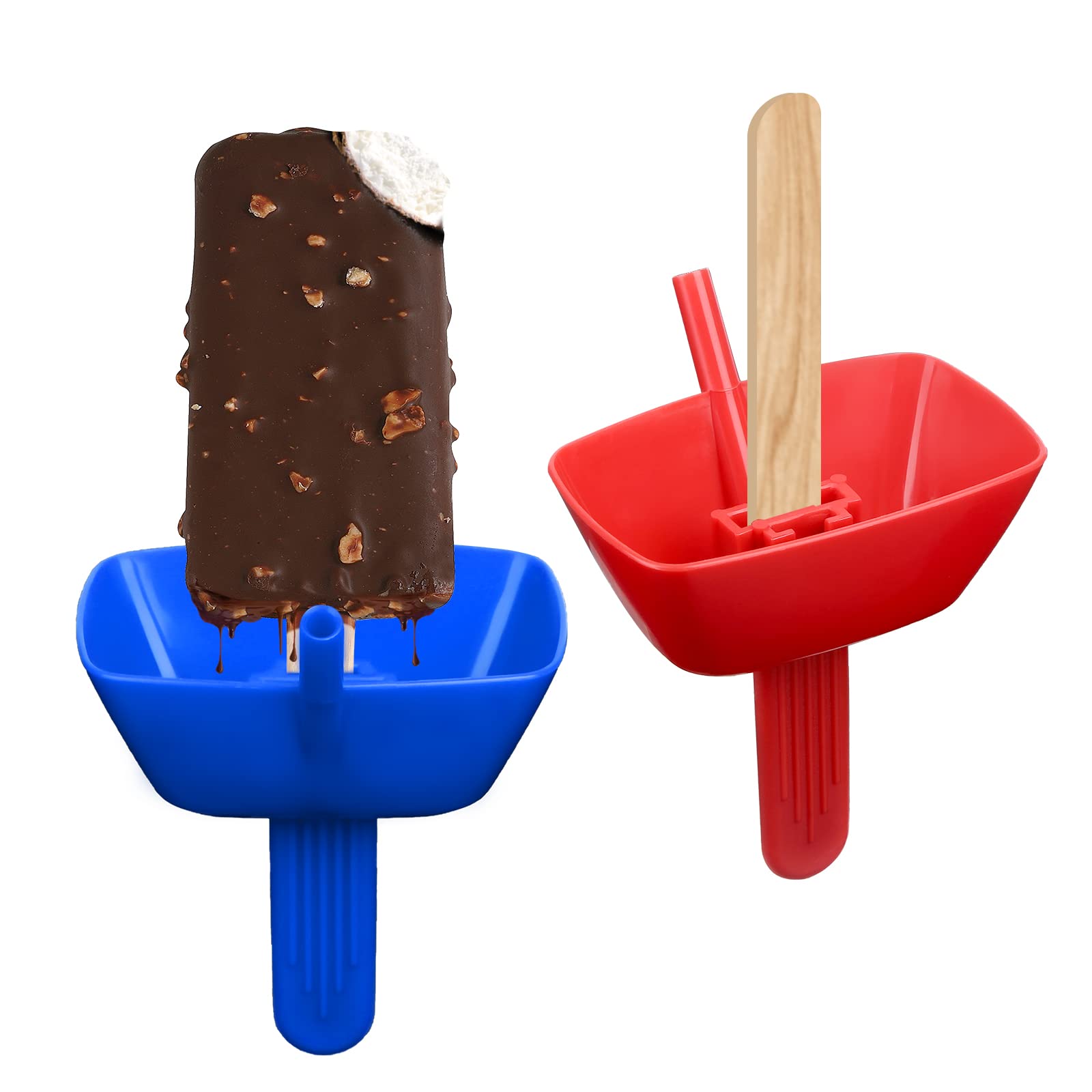 2Pcs Popsicle Holder, Drip Free Popsicle Holder Reusable Ice Pop Holder With Straw No Drip Frozen Treats Holder For Kids (Blue&R