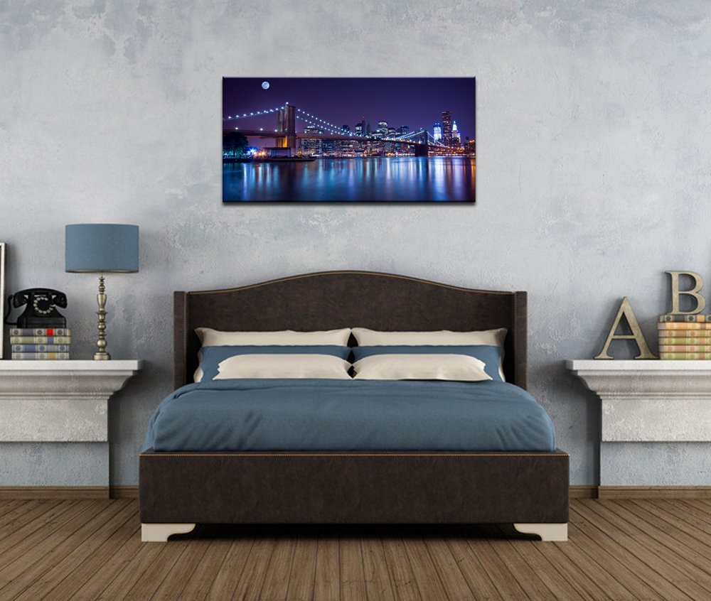 Sechars - Brooklyn Bridge Canvas Wall Art Large Size 24''X48'' Modern New York City Canvas Print Manhattan Skyline With Full Moo