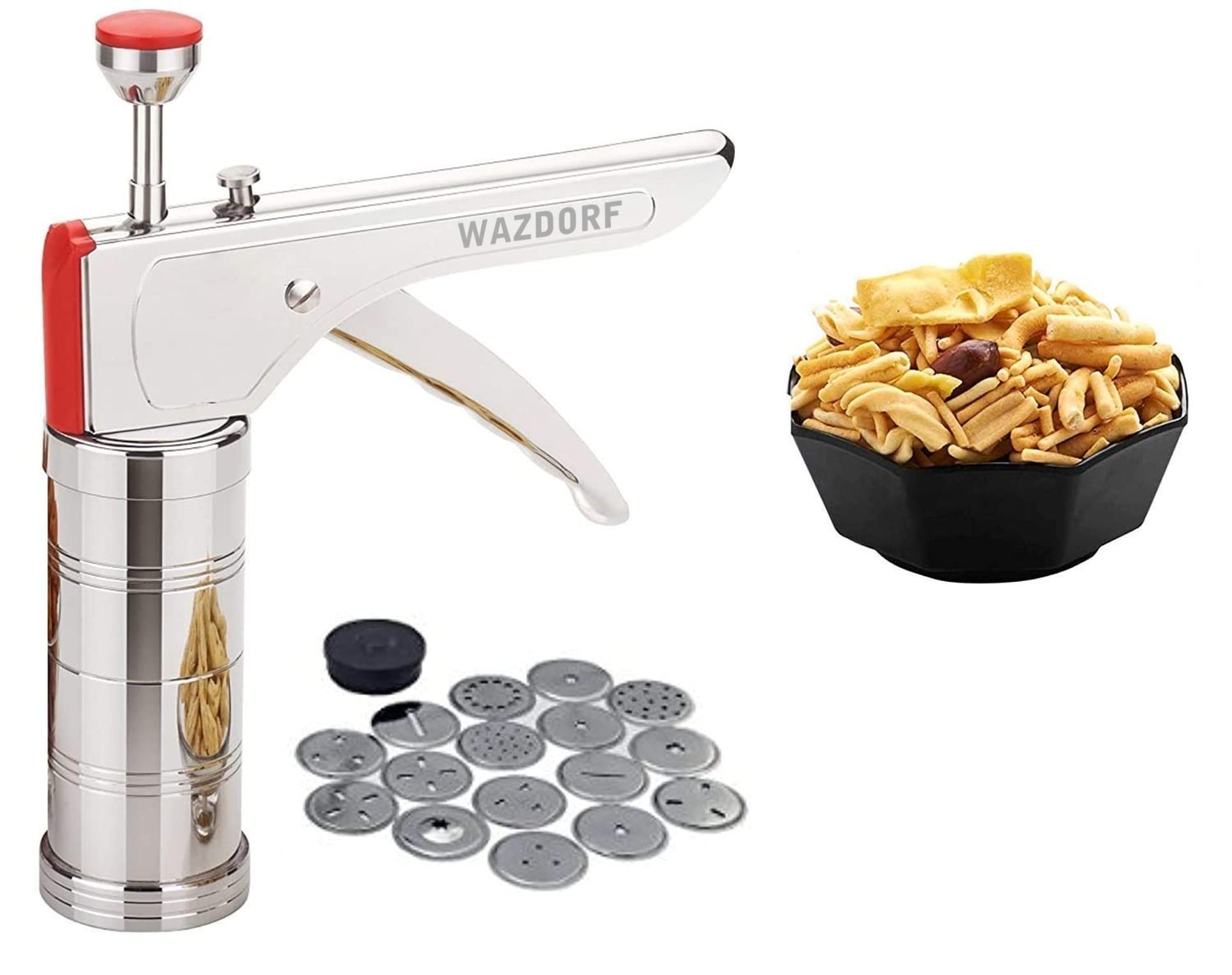 Wazdorf Stainless Steel Kitchen Press with 15 Different Types of Jalies, Murukku Maker/Bhujiya Maker/Noodles/Cookies/Namkeen/Cha