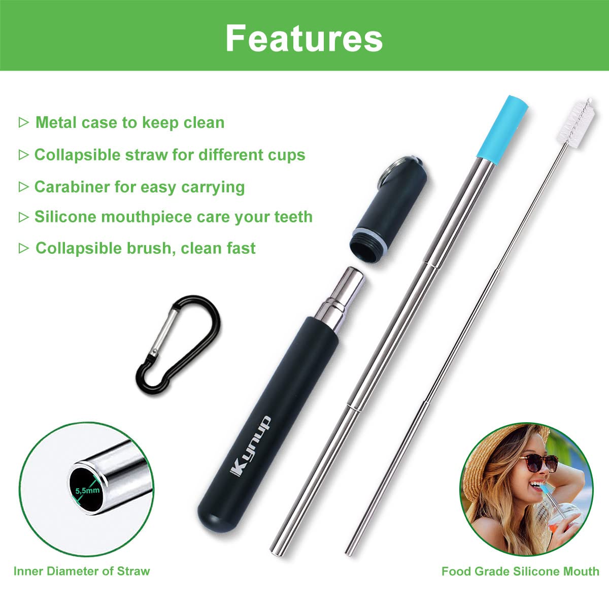 Kynup 4Packs Reusable Straws  Metal Straw with Silicon Pcs  Travel Drinking Straws with Metal Case  Keychain  Cleaning Brushes  Perfect for Travel  Gifts (20 PCS) Black+Silver+ Rose Gold+Turquoise