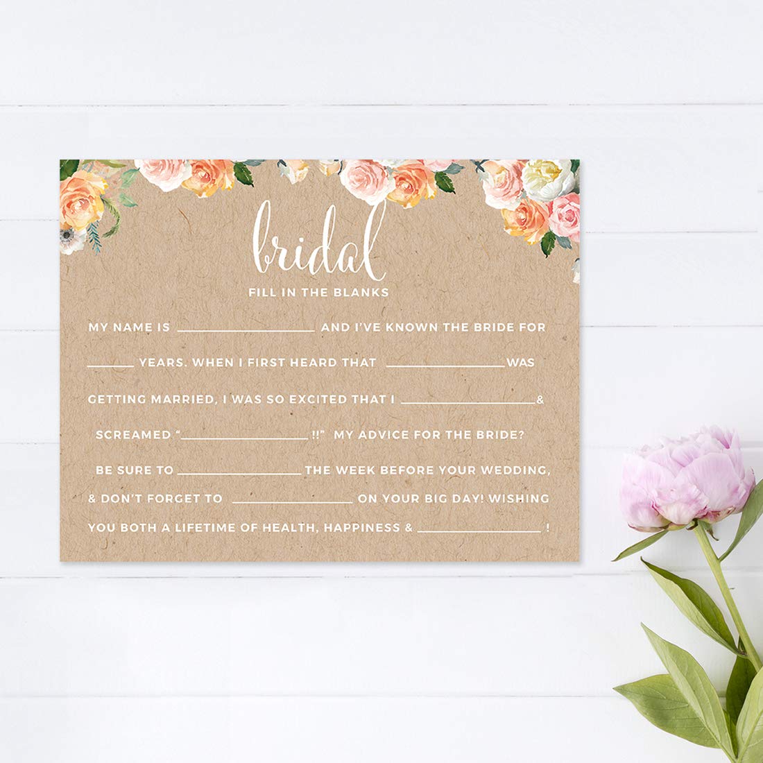 Andaz Press Peach Coral Kraft Brown Rustic Floral Garden Party Wedding Collection, Fill In The Blanks Advice For The Bride-To-Be