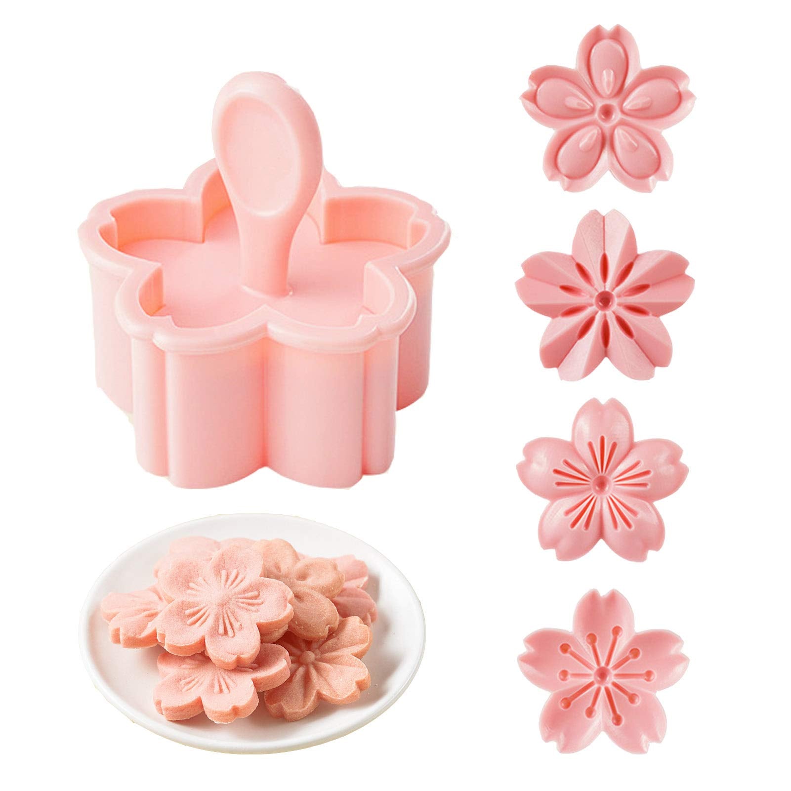 Hagbou Cookie Press, 4 Styles Cookie Stamps Cherry Blossom Cookie Cutters Mold For Flower Cookies Pastry Accessories (Pink)