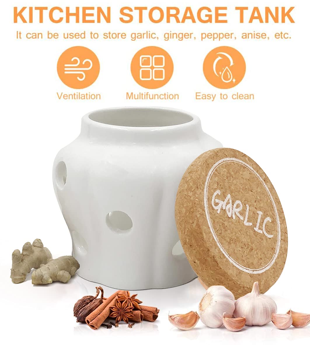 Xinli Rustic Garlic Keeper Vented Ceramic Storage Container. White Stoneware With Nature Cork Lid. 4.3 X 4.3 X 3.7 Inches