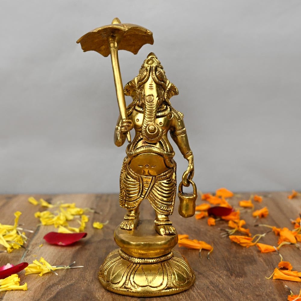 Sunpic 100% Pure Brass Lord Ganesha Ganpati With Umbrella And Kamandalu Brass Murti Religious Statue Idol Ganesh Murti Home Deco