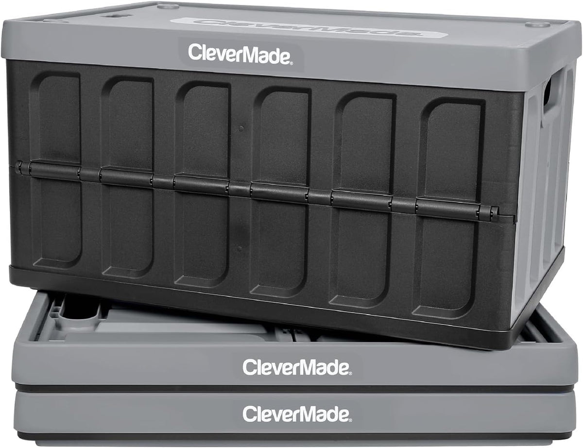Clevermade Collapsible Storage Bin (With Lid), Stone, 3Pk - 46L (12 Gal) Folding Plastic Stackable Utility Crates, Holds 75Lbs P