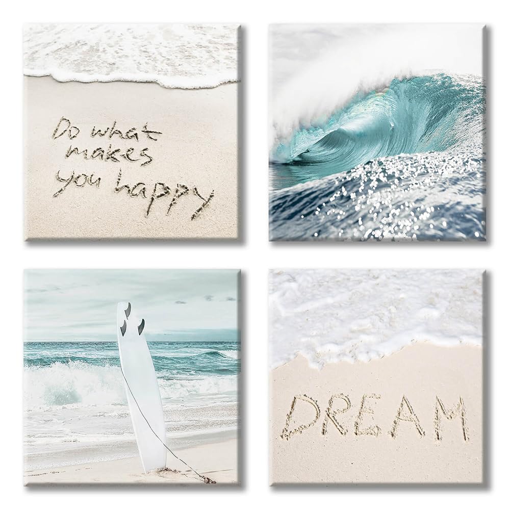 Beach Artwork Coastal Wall Art: Crashing Wave & Surfboard Painting With Words On Sand Picture Prints On Canvas For Bedroom (12